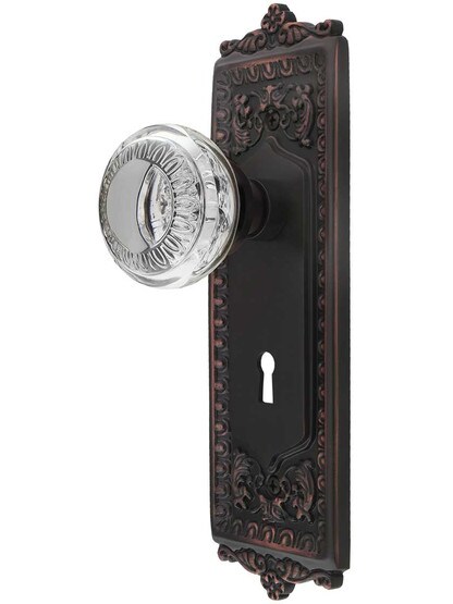 Egg and Dart Design Mortise-Lock Set with Ovolo Crystal-Glass Knobs in Timeless Bronze.